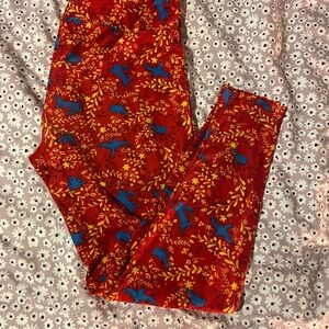 LuLaRoe Vibrant Red Leggings with Blue Birds and Rabbits and Yellow Leaf Design